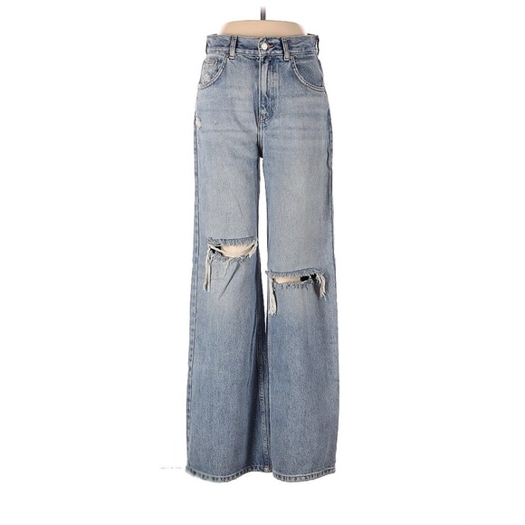 Pull&Bear Denim - Pull & Bear Y2K Wide Leg Jeans Size 4 Low Rise Distressed (baggy light wash)